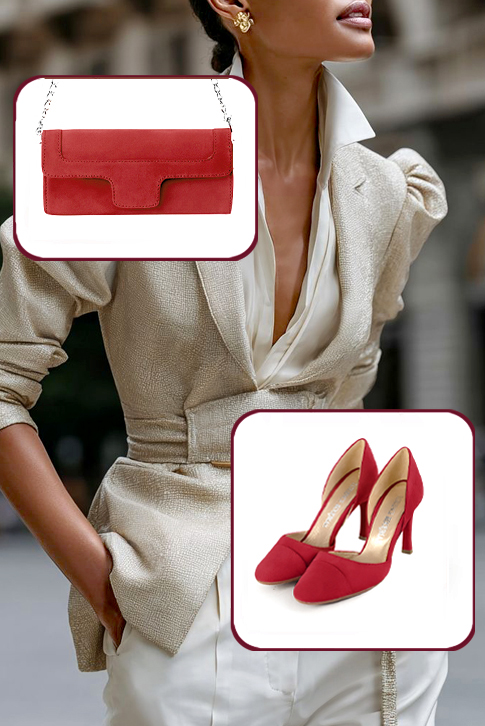 Dress pumps open arch in cardinal red leather with high slim heels and round toe - Worn view